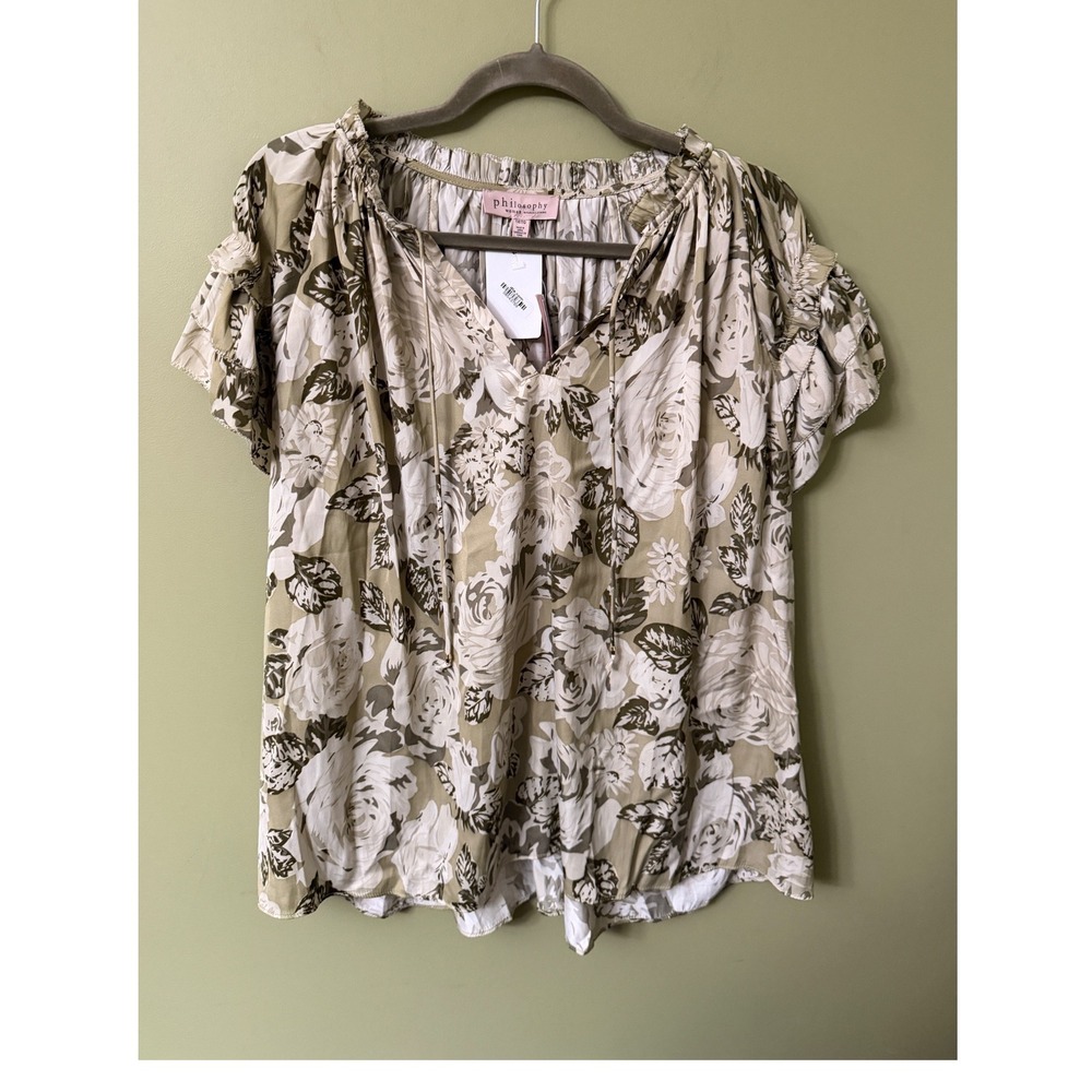 Philosophy Woman Floral Peasant Blouse Olive Cream Ruffle Flutter Sleeve 1X NWT